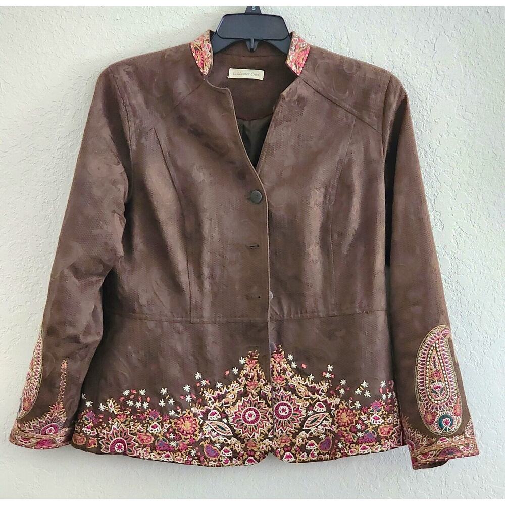 Jacket-Coldwater Creek-Brown-Suede Look-Embroidery-Long Sleeves-Button Up-Sz 12